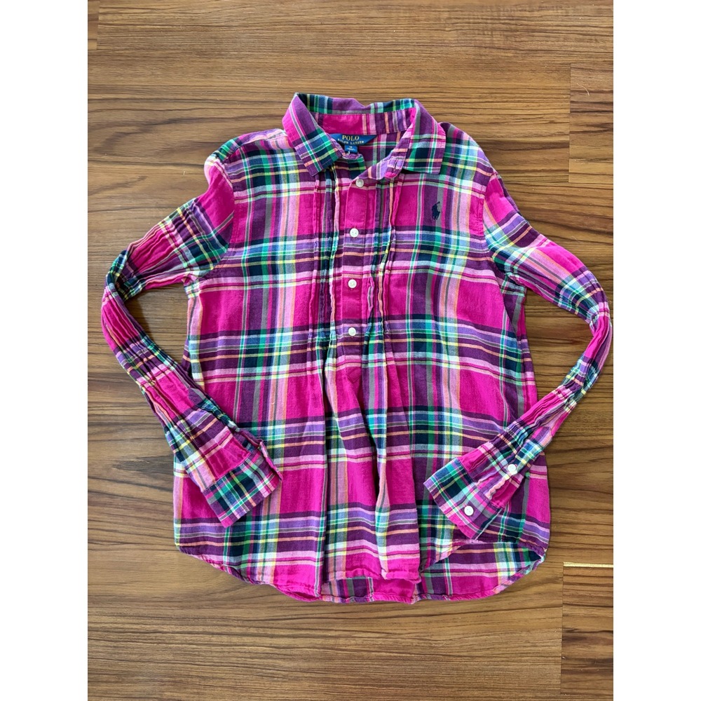 Polo Ralph Lauren Girls Pink Plaid Flannel Button Down Shirt Size 14 L/S Cotton